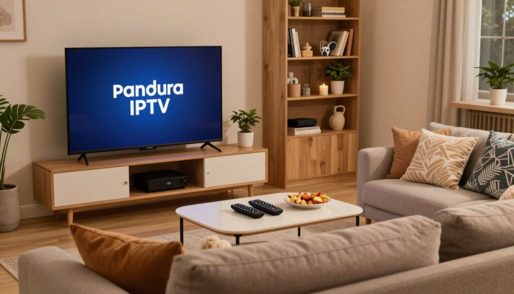 A modern living room setting featuring a sleek flat-screen television displaying the Pandora IPTV logo. In the foreground, a comfortable couch with decorative pillows invites viewers to relax. The middle area includes a stylish coffee table with remote controls and snacks, creating a cozy ambiance. The background features a well-designed bookshelf with streaming devices and plants, enhancing the homey feel. Soft, warm lighting highlights the scene, evoking a welcoming atmosphere. The composition is shot from a slightly elevated angle to emphasize the inviting layout, showcasing the integration of technology and comfort in Dutch streaming culture. The overall mood conveys excitement and innovation in entertainment. A modern living room setting featuring a sleek flat-screen television displaying the Pandora IPTV logo. In the foreground, a comfortable couch with decorative pillows invites viewers to relax. The middle area includes a stylish coffee table with remote controls and snacks, creating a cozy ambiance. The background features a well-designed bookshelf with streaming devices and plants, enhancing the homey feel. Soft, warm lighting highlights the scene, evoking a welcoming atmosphere. The composition is shot from a slightly elevated angle to emphasize the inviting layout, showcasing the integration of technology and comfort in Dutch streaming culture. The overall mood conveys excitement and innovation in entertainment.