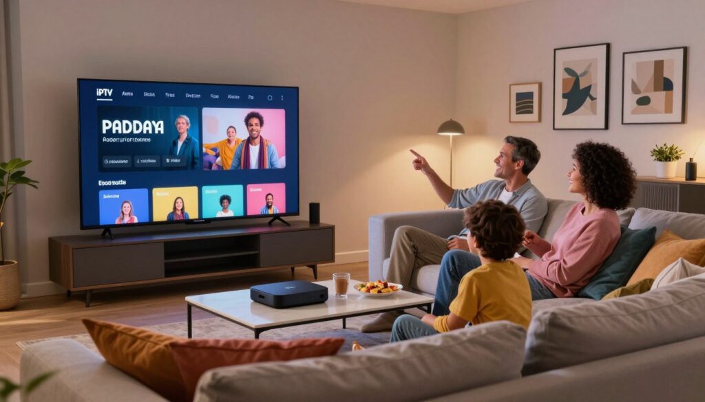 A sleek, modern living room featuring a large flat-screen television displaying the Pandora IPTV interface. In the foreground, a comfortable sofa adorned with colorful cushions invites relaxation. A stylish coffee table holds streaming devices and snacks. In the middle, a family—two adults and a child—sitting together enjoying a movie night, dressed in cozy loungewear, their expressions radiating joy and engagement. The background features a well-decorated wall with artistic frames and soft lighting that creates a warm and inviting atmosphere. The lighting is soft and ambient, emphasizing the connection between family and technology. The scene is captured with a wide-angle lens to convey a spacious feel and intimate proximity. A sleek, modern living room featuring a large flat-screen television displaying the Pandora IPTV interface. In the foreground, a comfortable sofa adorned with colorful cushions invites relaxation. A stylish coffee table holds streaming devices and snacks. In the middle, a family—two adults and a child—sitting together enjoying a movie night, dressed in cozy loungewear, their expressions radiating joy and engagement. The background features a well-decorated wall with artistic frames and soft lighting that creates a warm and inviting atmosphere. The lighting is soft and ambient, emphasizing the connection between family and technology. The scene is captured with a wide-angle lens to convey a spacious feel and intimate proximity.