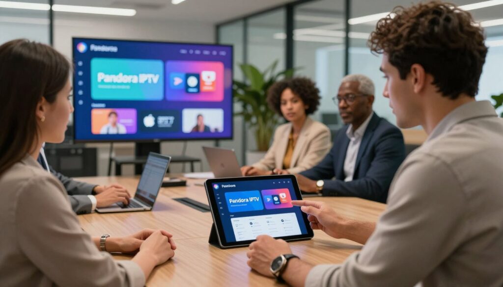 A sleek, modern office environment showcasing a professional setting where a diverse group of individuals, dressed in smart casual attire, are engaged in a discussion about IPTV technology. In the foreground, a man and a woman examine a tablet displaying the Pandora IPTV interface, highlighting its user-friendly design. In the middle ground, a large screen showcases the features and channels offered by Pandora IPTV, blending vibrant colors to imply advanced streaming capabilities. The background features an airy, well-lit office space with plants and glass walls, giving a sense of innovation. The mood is collaborative and dynamic, with warm lighting emphasizing an atmosphere of creativity and exploration in digital entertainment. A sleek, modern office environment showcasing a professional setting where a diverse group of individuals, dressed in smart casual attire, are engaged in a discussion about IPTV technology. In the foreground, a man and a woman examine a tablet displaying the Pandora IPTV interface, highlighting its user-friendly design. In the middle ground, a large screen showcases the features and channels offered by Pandora IPTV, blending vibrant colors to imply advanced streaming capabilities. The background features an airy, well-lit office space with plants and glass walls, giving a sense of innovation. The mood is collaborative and dynamic, with warm lighting emphasizing an atmosphere of creativity and exploration in digital entertainment.